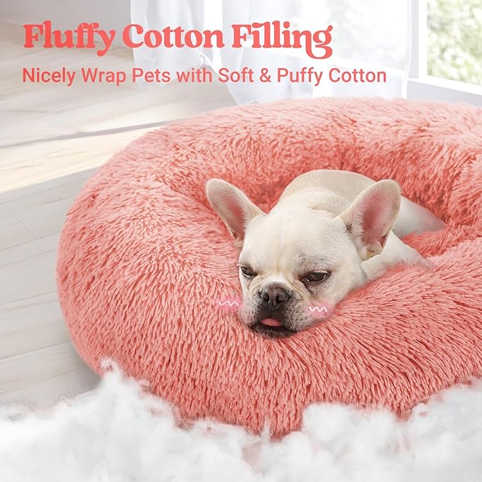 rabbitgoo Calming Dog Bed for Small Medium, 27 inches Pet Bed Machine Washable, Non-Slip Round Fluffy Plush Faux Fur, Soft Donut Cuddler Cushion for Small Dogs, Pink