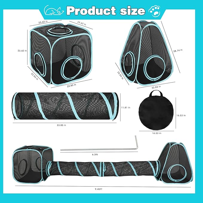 9.45FT Outdoor Cat Enclosures Portable Cat Playhouse, Pop Up Cats Tent with 33.86x 11.81IN Double Kitty Tunnels DIY in Multiple Ways, Cats Playpen Play Tents for Rabbits and Small Animals