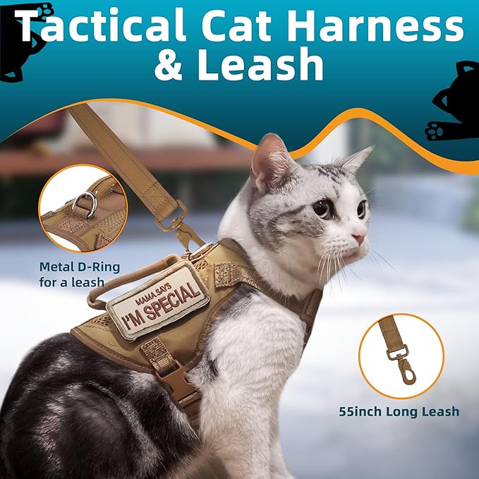 Tactical Cat Harness Khaki for Walking Esacpe Proof,Adjustable Soft Mesh Large Cat Vest with Rubber Handle Easy to Control,Molle Patches L