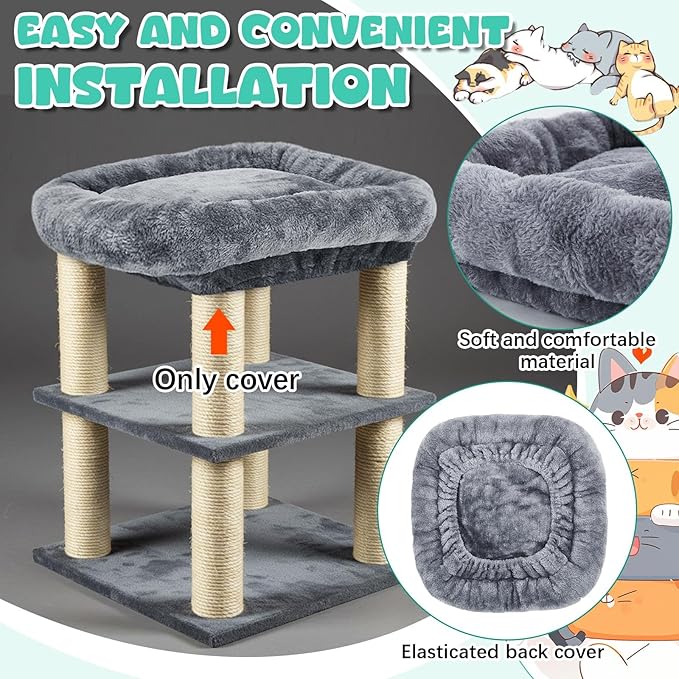 Abbylike 2 Pcs Cat Tree Tower Replacement Parts Grey Bed Cover with Elastic Band Removable Washable Padding for Platform Perch Shelves, Only Cover, Cat Tower Cushions Accessories(15.7 x 11.8 Inch)
