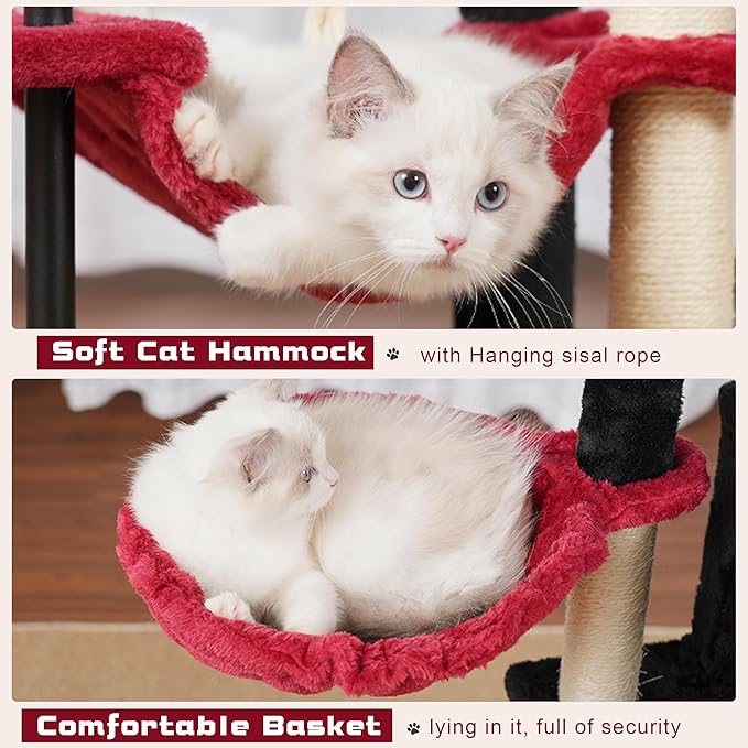 Cat Tree, Cat Tower for Indoor Cats, 43.3 inch Gothic Cat Tree Tower with Sturdy Steel Tube, Hammock, Cat Condo for Small Cats and Kittens, Scratching Post, Black and red GCT004SBR