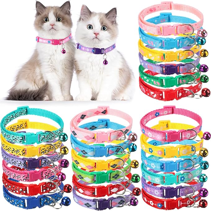 Yunsailing 24 Pcs Cat Collars with Bells for Litter Cat Puppy Soft Nylon Whelping Adjustable Reflective Kitten Collars for Newborn Pets Dogs Kitten, Assorted Colors(Cute Pattern)