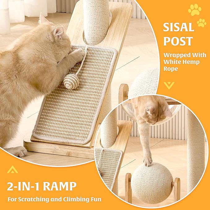HITTITE Solid Wood Cat Tree Tower with Scratching Post, 37.8 Inches Tall Cat Towers with Scratching Board and Scratcher Ball, Modern Cat Tower With Space Capsule and Removable Top Bed for Indoor Cats.