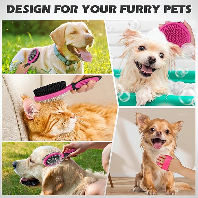 2PCS Pet Grooming Tools - Double-Sided Brush for Shedding and Bathing, Suitable for Short/Long Haired Dogs Cats and Horses, Deshedding Dog Brush, Mane & Tail Combs for Horses - Pet Supplies (Pink)