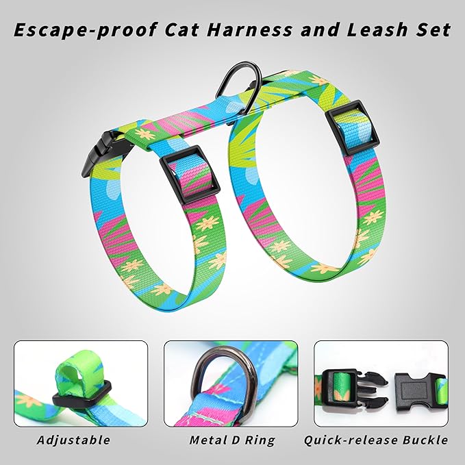 Cat Harness and Leash Set, Adjustable Kitten Harness Escape Proof Cats Harness, Soft Lightweight Walking Travel Pet Harness, Cute Kitty Harness Leash Set for Small Medium Cats, Hawaii Green