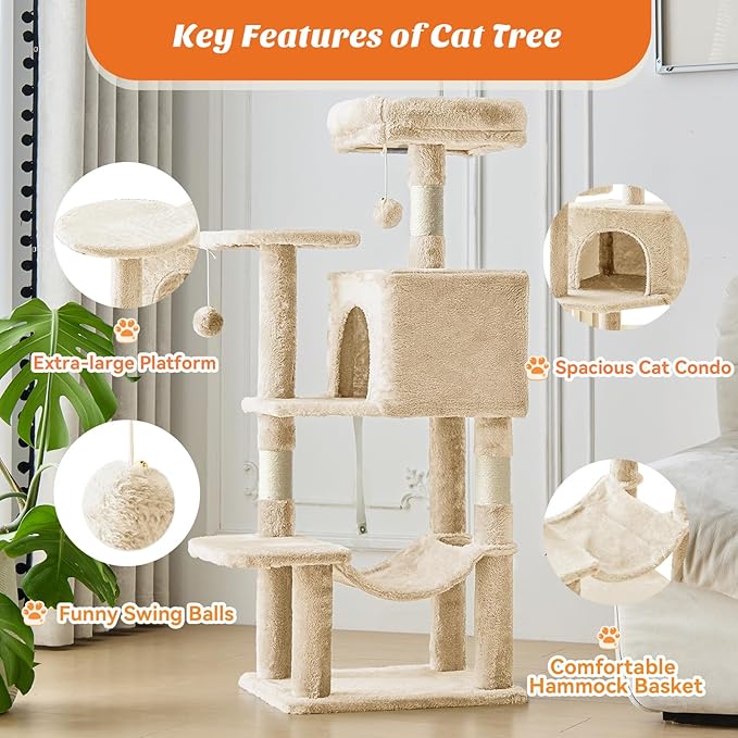 Sweetcrispy 44 Inch Cat Tree Tower, Cat Climbing Tower with Natural Sisal Scratching Posts, Hammock, Pet Condo for Indoor Cats and Kittens Play, Beige