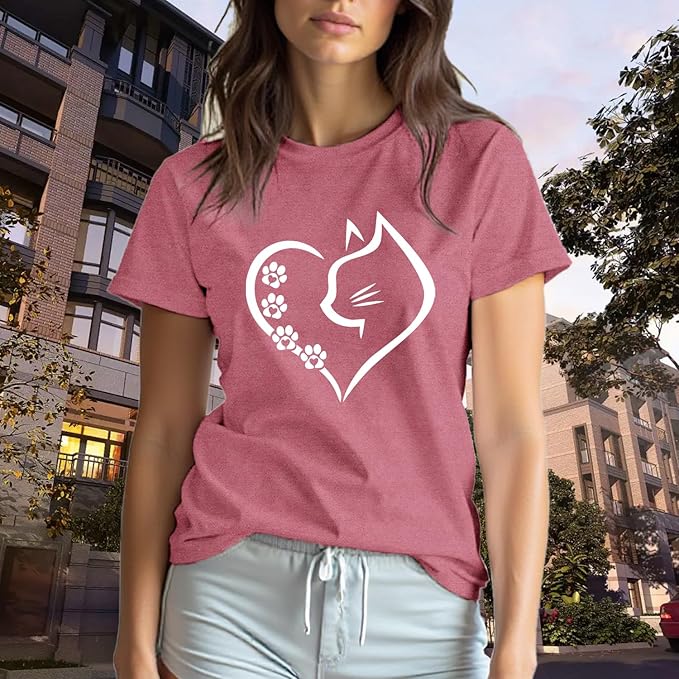 Cat Shirts for Women Cat Mom Tshirts Pet Lover Shirt Cats Paw Print Tee Tops