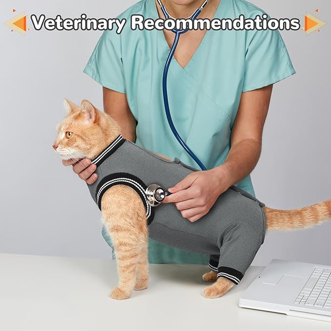PUMYPOREITY Cat Recovery Suit for Hind Legs, Cat Surgical Spay Suit with Leg Sleeves to Stop Licking, Long Rear Sleeve Wound Cover Abdomen Kitten Onesie, Grey, S