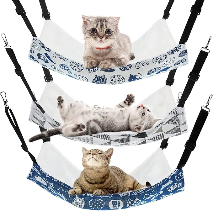 BBTO 3 Pcs Reversible Pet Hammock Soft Plush Cat Hanging Hammock Guinea Pig Bed Rat Cage Accessories for Puppy Dog Piggy Kitten Ferret Rabbit Other Small Animals(Cat)