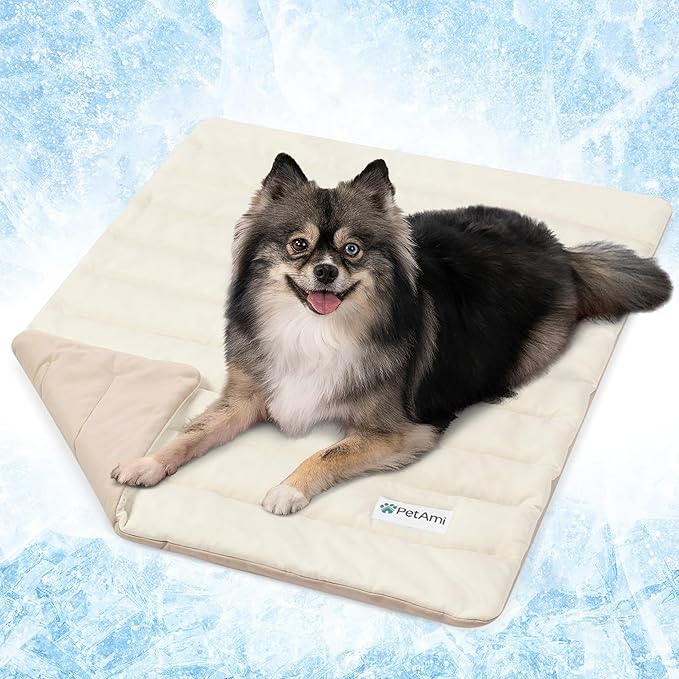 PetAmi Cooling Mat for Dog, Premium Pet Cooling Blanket for Crate Kennel, Indoor Cat Cool Sleeping Pad, Q-MAX Cold Sofa Couch Cover for Summer, Taupe/Beige, Medium (29x40)