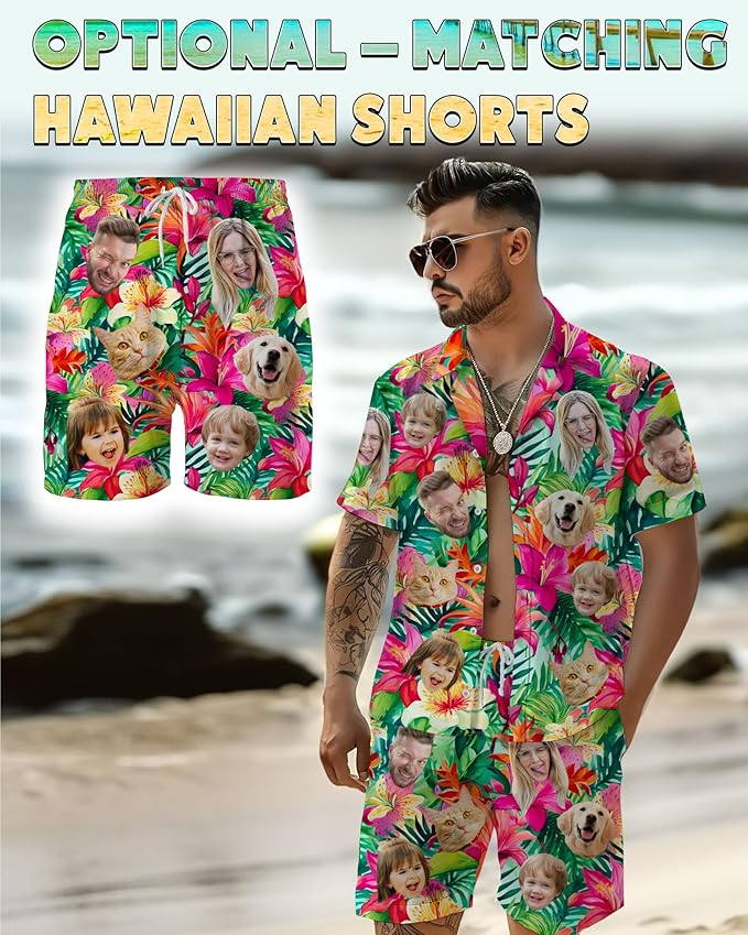 Custom Hawaiian Shirt with Face Photo Picture for Men Women Kids Youth Adult, Tropical Personalized Hawaiian Shirts Gift
