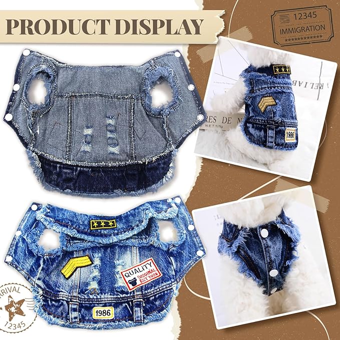 Cool Dog Jean Jacket Small Puppy Outfits Frenchie Clothes Denim Coats for Small Medium Dogs Cats Boys Girls Pet Vest Dog Shirt Clothing Doggy Costume (Blue Print, XS（Suggest 2-4 lbs）)