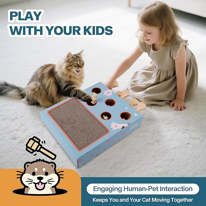 PAWISE 3-in-1 Interactive Cat Toy, Whack-A-Mole Cat Puzzle & Cat Scratching Board with Catnip, Cardboard Cat Scratcher Box for Indoor Cats, Kitten IQ Boost & Boredom Relief