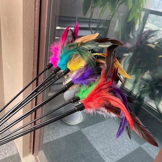10-Pack Cat Feather Wand Toys with Bell, Natural Feather Interactive Teaser for Indoor Kittens Friendly Cat Toy
