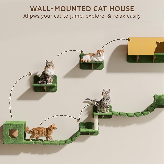 Cat Wall Shelves, Wall Mounted Pet Shelf Furniture w/Plush Fabric(20 Piece Set), 63''H Cat Tower w/Scratching Posts, Cats Furniture with 40''L Tunnel, Condos, House, Steps and Ladder, Green