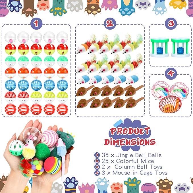 Lenwen 100 Pcs Cat Toys Set Bulk Cat Fur Mice Toys Variety Plastic Ball with Bell Furry Pompom Rattle Mouse Assorted Interactive Catnip Toy Pillow Chew Nice Gift for Indoor Kitten Cats Catch Play