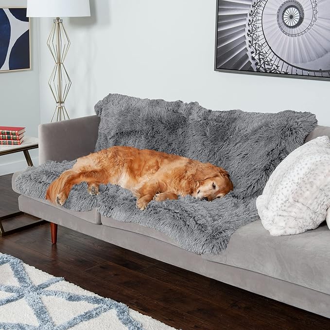 FurHaven Waterproof Throw Blanket For Dogs & Indoor Cats, Reversible Protective Pet Blanket, Extra Large, Long Faux Fur & Velvet, Gray