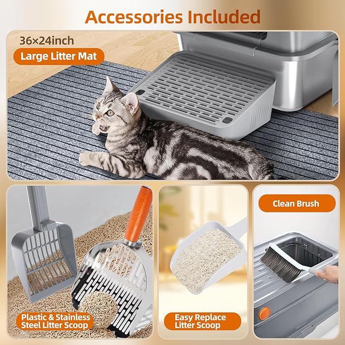 Mlzao 20L Stainless Steel Cat Litter Box with Lid, XL Enclosed Metal Litter Box with Hinged Flip-Top, Leakproof High Sides for Odor Control, Top/Front Dual Entry for Large Cats 24" × 15" × 16" - Grey
