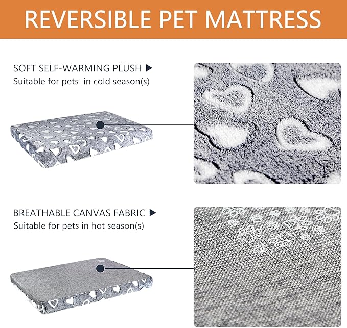 VANKEAN Reversible Dog Crate Mat, Stylish Bed with Waterproof Linings and Removable, Washable Cover, Firm Support Pad for Small to XX-Large Dogs, Grey