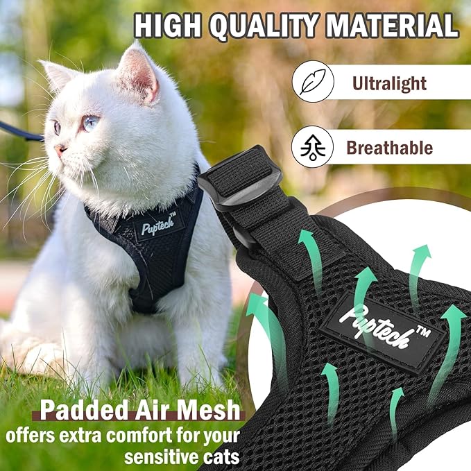 PUPTECK Cat Harness and Leash Set Escape Proof for Walking, Breathable Mash Vest Adjustable Harness for Cats Puppy Small Animals, Reflective at Night, Black Medium