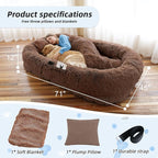 Human Dog Bed, 71''x45''x12'' Size Fits You and Pets, Washable Faux Fur Pet Bed for People Doze Off, Napping Orthopedic Dog Bed, Present Plump Pillow, Blanket, Strap - Coffee