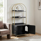 Homhedy Cat Litter Box Enclosure, Litter Box Furniture Hidden with 2-Tier Storage Shelves, Wooden Cat Washroom Furniture with Metal Frame, Modern Style, Black and Gold