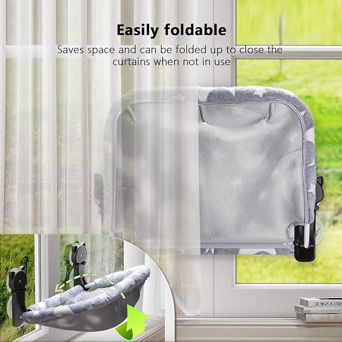 Cat Window Perch Cordless, Glow in The Dark & Stable Cat Beds- Breathable Window Hammock for Overlooking, Sunbathing and Climbing - Maximum Hold Up to 40lb(Grey+Cream)