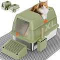 Removable Stainless Steel Cat Litter Box with lid, Front & Top Entry Kitty LitterBox，Cat Litter Box Enclosure, XL Extra Large High-Sided Metal Cat Box with Scoop,Mat,Footboard (Green)