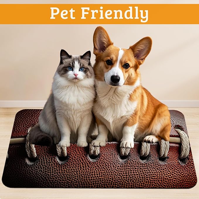 Football Texture Feeding Mat,Laces Stripes Absorbent Quick-Dry Cat Dog Food and Water Bowl Mats,Non-Slip Rubber Backing Mat,Cat Dog Accessories Supplies 12" x 20"
