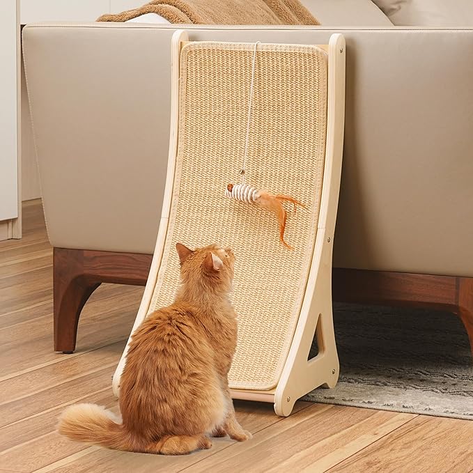 PETKARAY Curved Cat Scratcher, Sisal Kitty Scratching Ramp, L Shape Scratch Pad for Indoor Cats, 25.6" Furniture Protector with Mouse Toy