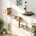 Cat Wall Shelves, Wooden Multi-Level Cat Climbing Furniture, House, Steps, Sisal Scratcher, Perches Bed & Ball, Space-Saving Wall Mounted Cats Shelves for Play & Rest
