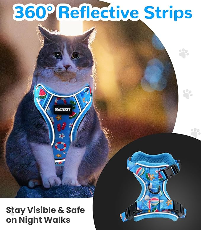Halypet Cat Harness and Leash Set for Walking, Escape Proof Adjustable Vest Harness with 3-in-1 Integrated Buckles, Easy Control Soft Breathable Mesh with Reflective Strips for Cats, M, Ocean Blue