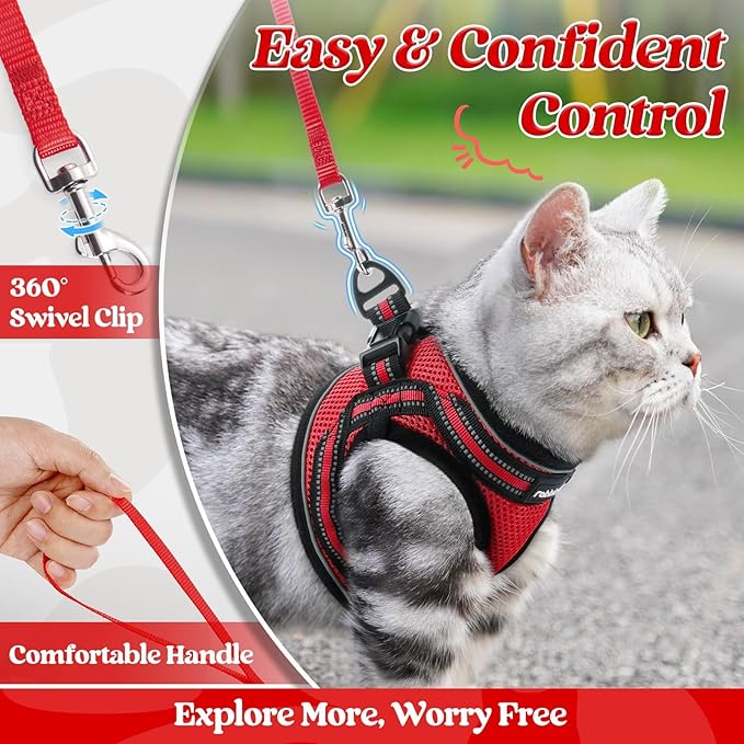 rabbitgoo Cat Harness and Leash Set for Walking Escape Proof, Adjustable Soft Kittens Vest with Reflective Strip for Cats, Comfortable Outdoor Vest, Red, L