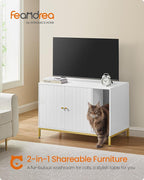Feandrea Cat Litter Box Enclosure, Hidden Litter Box Furniture with Scratch Pad, Front Entry, Double Cabinet Doors, Modern Style, 35.4" Cat House Washroom Side End Table, White and Gold