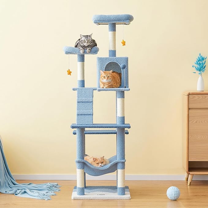 MWPO Ocean-Themed Cat Tree, 70.1-Inch Multi-Level Tall Tower for Indoor Cats, Plush Cat Condo with Big Padded Perches, Sisal-Covered Scratching Posts, Hammock, Toys for Kittens, Blue