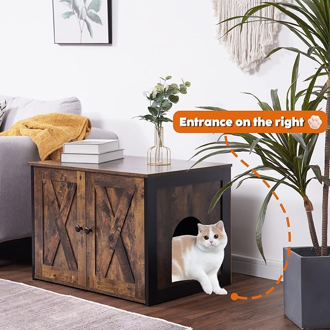 Dwanton Litter Box Enclosure, Cat Litter Box Furniture Hidden, Reversible Entrance Can Be on Left or Right Side, Wooden Cat Washroom Indoor, Rustic Brown, 27.6 Inches