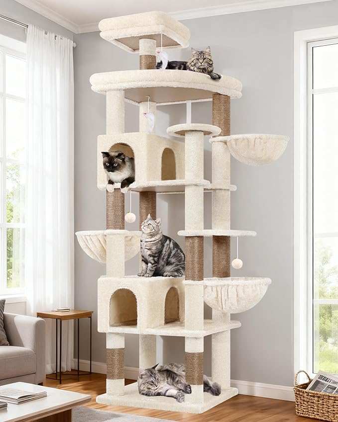 Globlazer Extra Large Cat Tree Tower, 82in Tall Heavy Duty Cat Tree for Indoor Cats Large Adult Big Cat Tower with 8 Scratching Posts, 2 Cat Condos, 2 Top Perches, 3 Hanging Baskets, S82, Beige