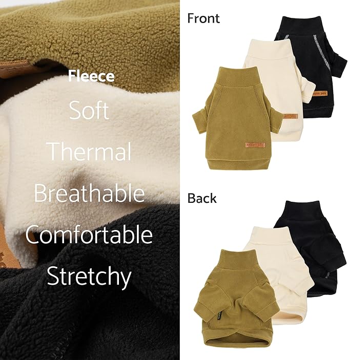 Fitwarm 3 Pack Classic Fleece Dog Sweater, Winter Clothes for Small Dogs Boy Girl, Turtleneck Dog Sweatshirt, Pet Pullover Jumper, Cat Apparel, Black, Olive Green, Cream, XS
