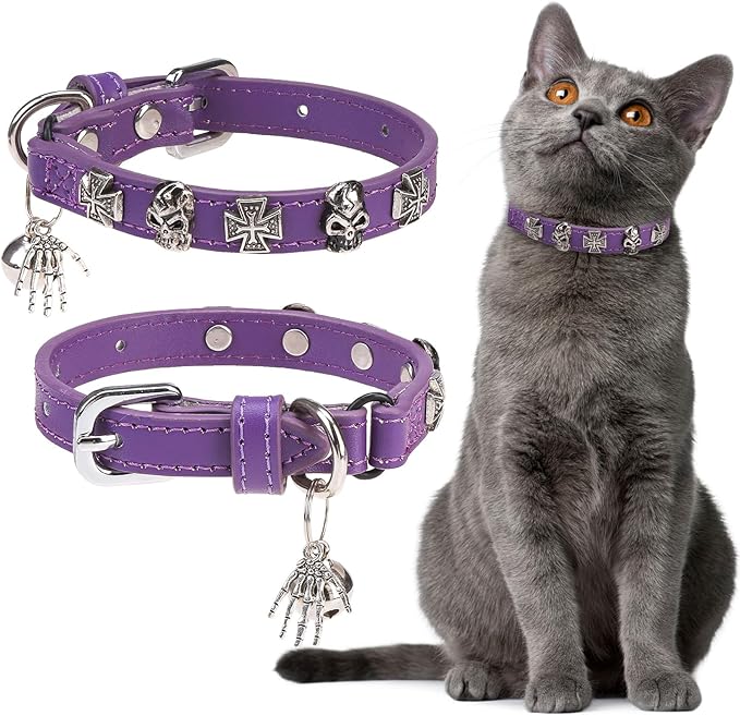 EXPAWLORER Leather Cat Collar for Girl Boy- Adjustable Pet Collar with Safety Elastic Belt,Personalized Punk Accessories Buckle Collars with Bell & Durable D-Ring, Skull(Purple)