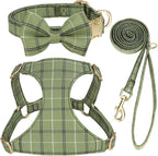 Beirui Cute Extra Small Dog Harness Collar and Leash Set with Bowtie, Soft Adjustable Plaid Puppy Harness for Small Sized Dogs Cats Walks Parties and Photoshoots(Green,XXS:Chest 12-14")