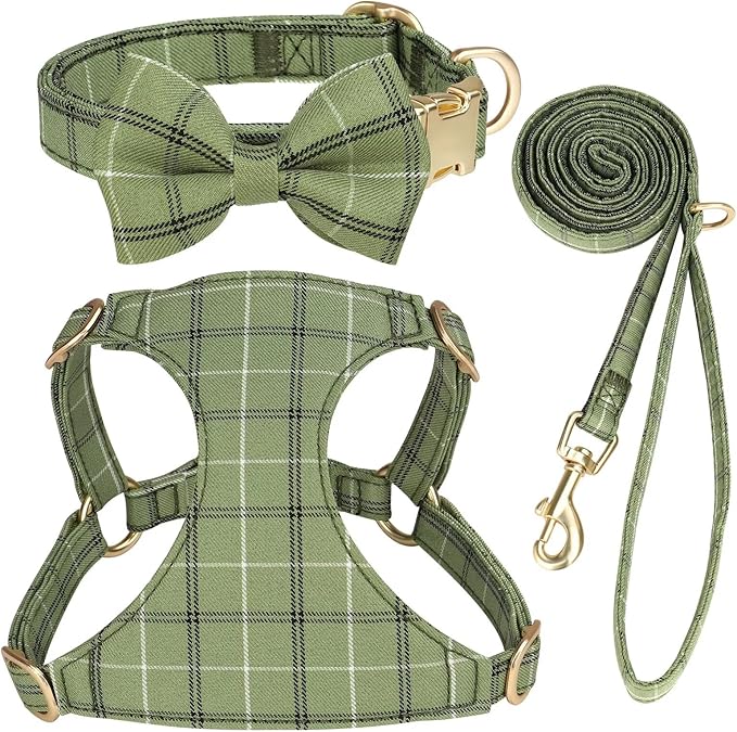 Beirui Cute Extra Small Dog Harness Collar and Leash Set with Bowtie, Soft Adjustable Plaid Puppy Harness for Small Sized Dogs Cats Walks Parties and Photoshoots(Green,XS:Chest 13-18")