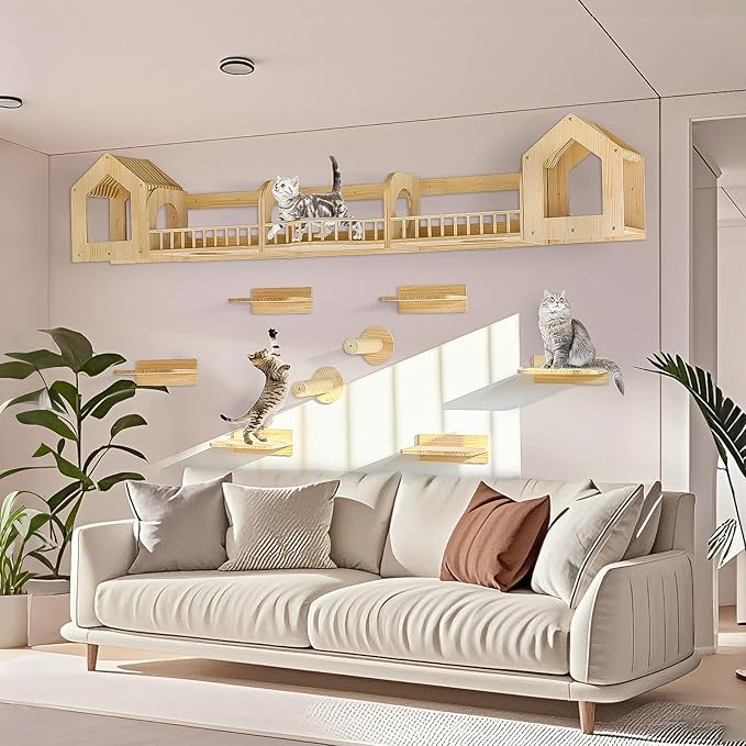 Cat Wall Shelves and Furniture Set with Condos, Perches, Bridge Ladders, Sisal Scratching Posts - Steps and Houses for Cats (D)