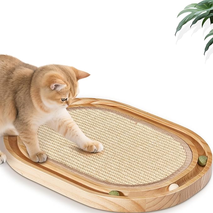 Oval Sisal Cat Scratcher with Ball Track - Woven Sisal Cat Scratching Pad & Interactive Cat Toy, Wooden Track with 3 Toy Balls for Indoor Cats, No Assembly Needed