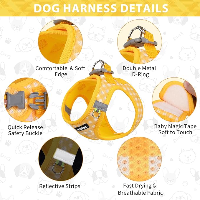 AIITLE Breathable Mesh Dog Vest Harness, No Pull Escape Proof Vest Harnesses with Reflective Bands, Adjustable Plaid Pet Outdoor Harnesses for Small and Medium Dogs Yellow M