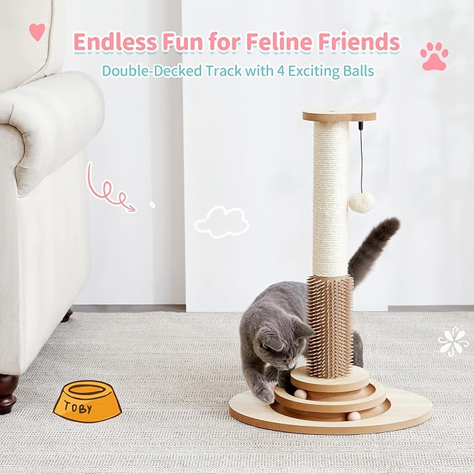 Made4Pets Cat Scratching Post, 23" Tall Sisal Cat Scratcher Post with Self Groomer, 4-in-1 Interactive Trackball Toys with Hair Brush, Vertical Cat Climbing Tree with Dangling Plush Balls