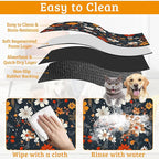 Floral Black Feeding Mat, Absorbent Quick-Dry Cat Dog Food and Water Bowl Mats,Non-Slip Rubber Backing Mat,Cat Dog Accessories Supplies 12" x 20"