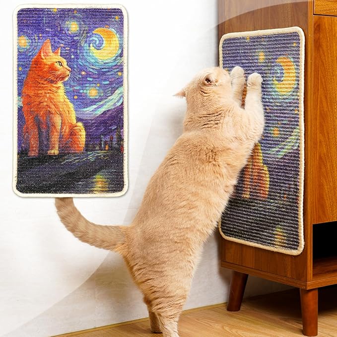 SOLDAY Sisal Cat Wall Scratcher 22x13 inch for Floor Wall Carpet Couch Furniture, Cat Scratching Posts with Velcro Tape, Anti Scratch Furniture Protector(Ginger Cat Stargazing)
