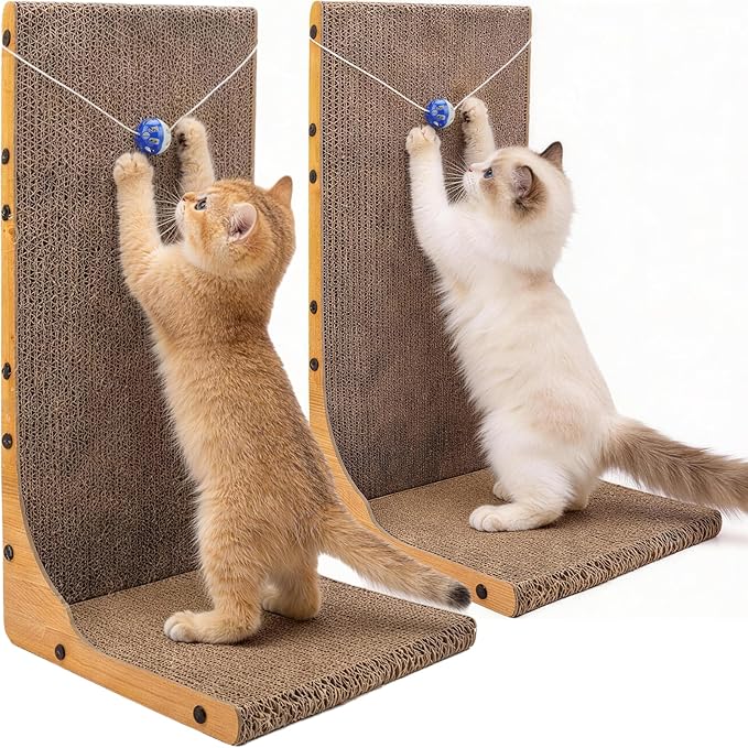 2 Pack Cat Scratcher, 23.6 Inch L Shape Vertical Cat Scratching Board with Ball Toy for Indoor Cats, Large Cat Scratching Post for Wall and Couch