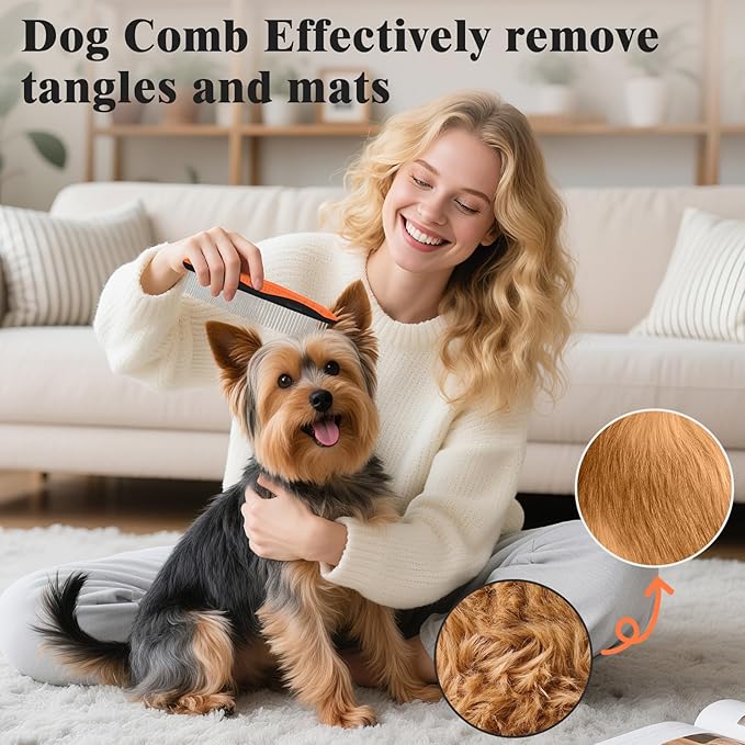 2PCS Self Cleaning Slicker Brush & Dog Comb - Skin Friendly Deshedding Grooming Tool for Dogs, Cats and Small Animals, Professional Deshedding Dematting Tool for Long and Short Haired Pets (Orange)