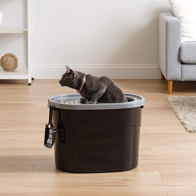 IRIS USA Top Entry Cat Litter Box, Large Enclosed with Litter Catching Lid and Scoop, Dog Proof, Cat Litter Box, Black/Gray
